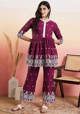 Purple Floral Embroidered Pleated Ethnic Coords
