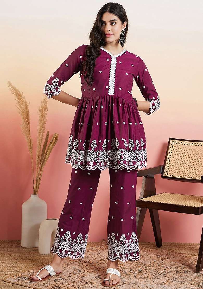 Purple Floral Embroidered Pleated Ethnic Coords - Indya
