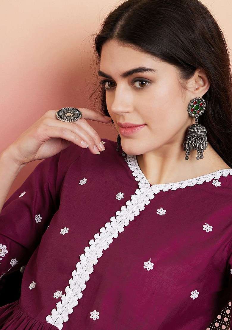 Purple Floral Embroidered Pleated Ethnic Coords - Indya