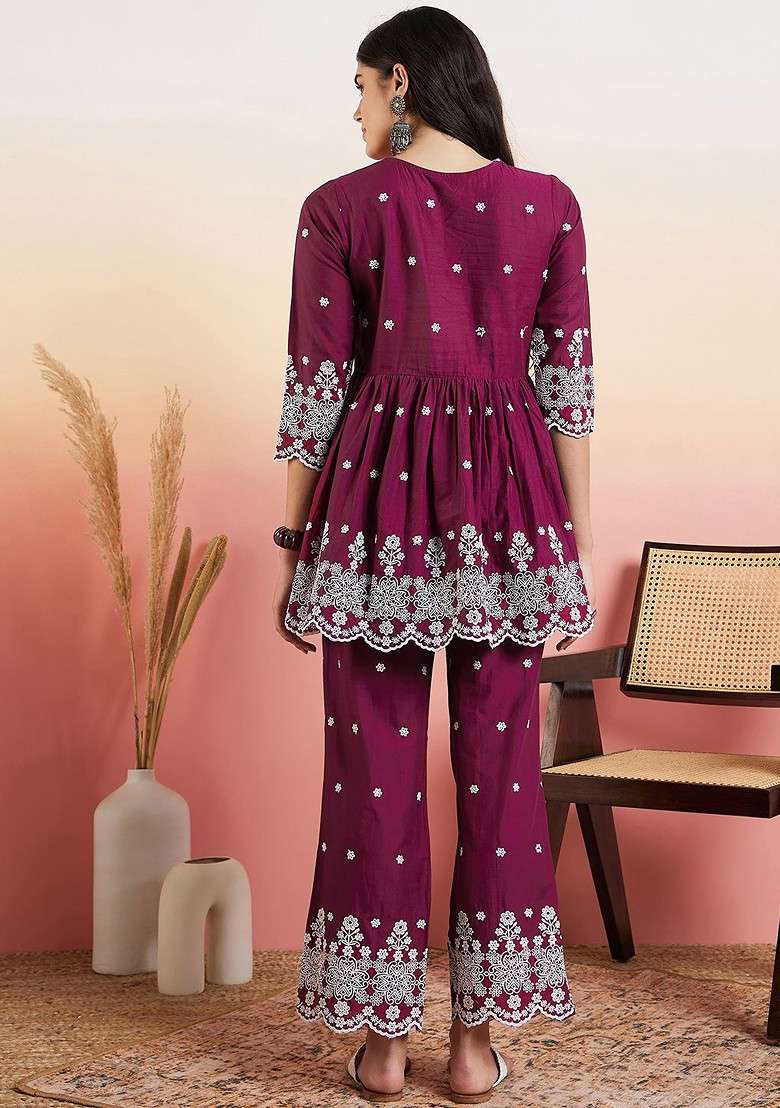 Purple Floral Embroidered Pleated Ethnic Coords - Indya