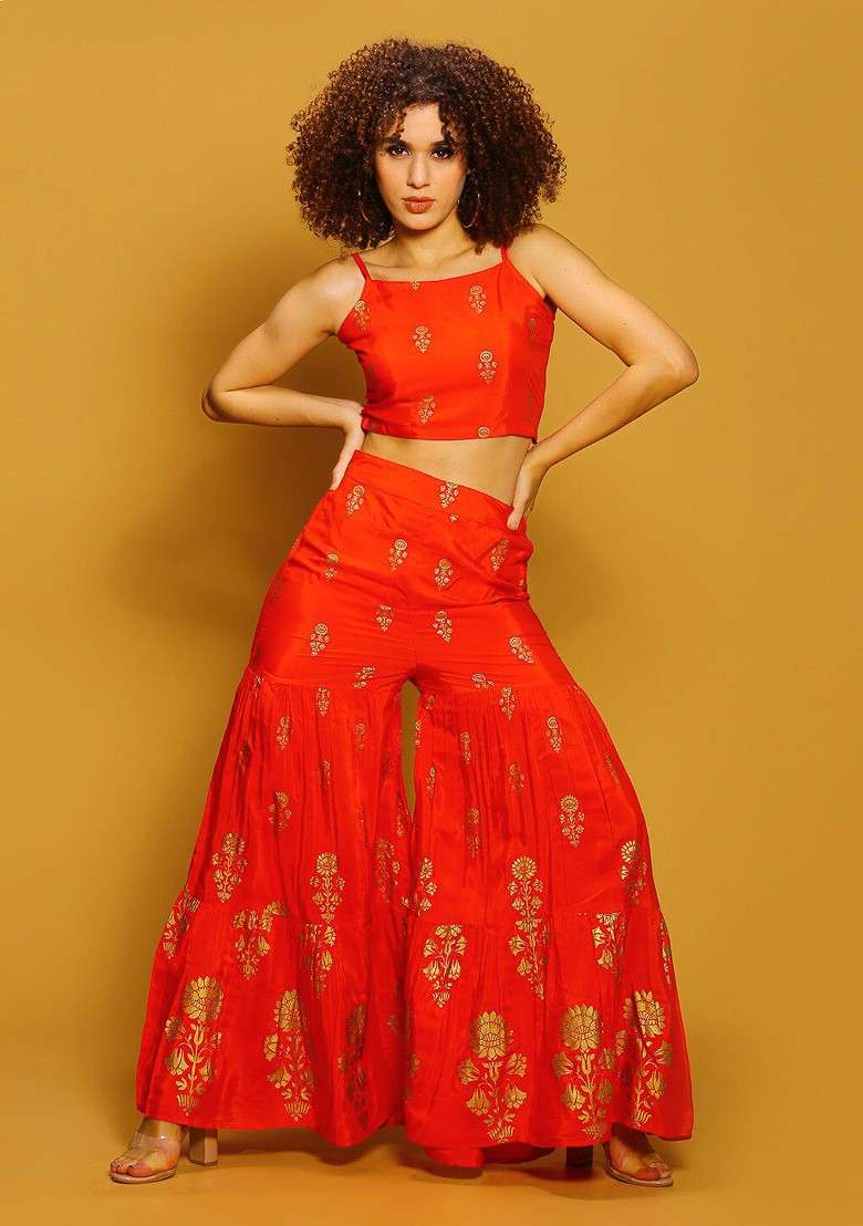 Red Printed Shoulder Straps Top And Sharara - Indya