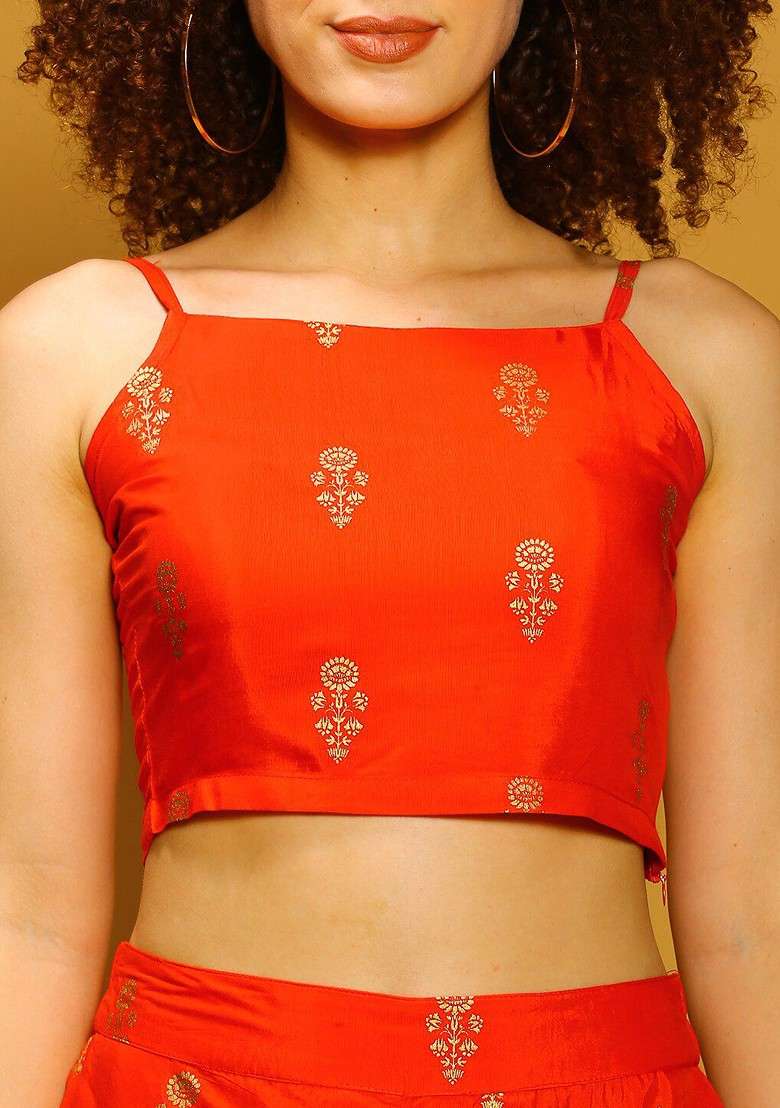 Red Printed Shoulder Straps Top And Sharara - Indya