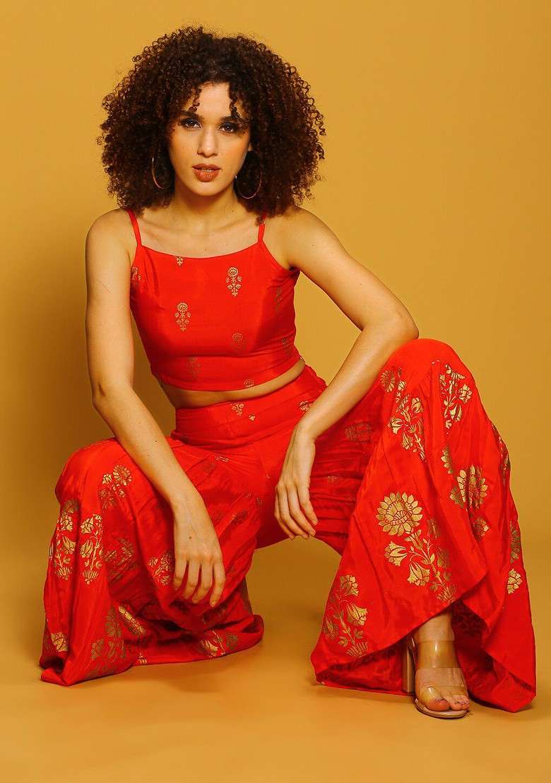 Red Printed Shoulder Straps Top And Sharara - Indya