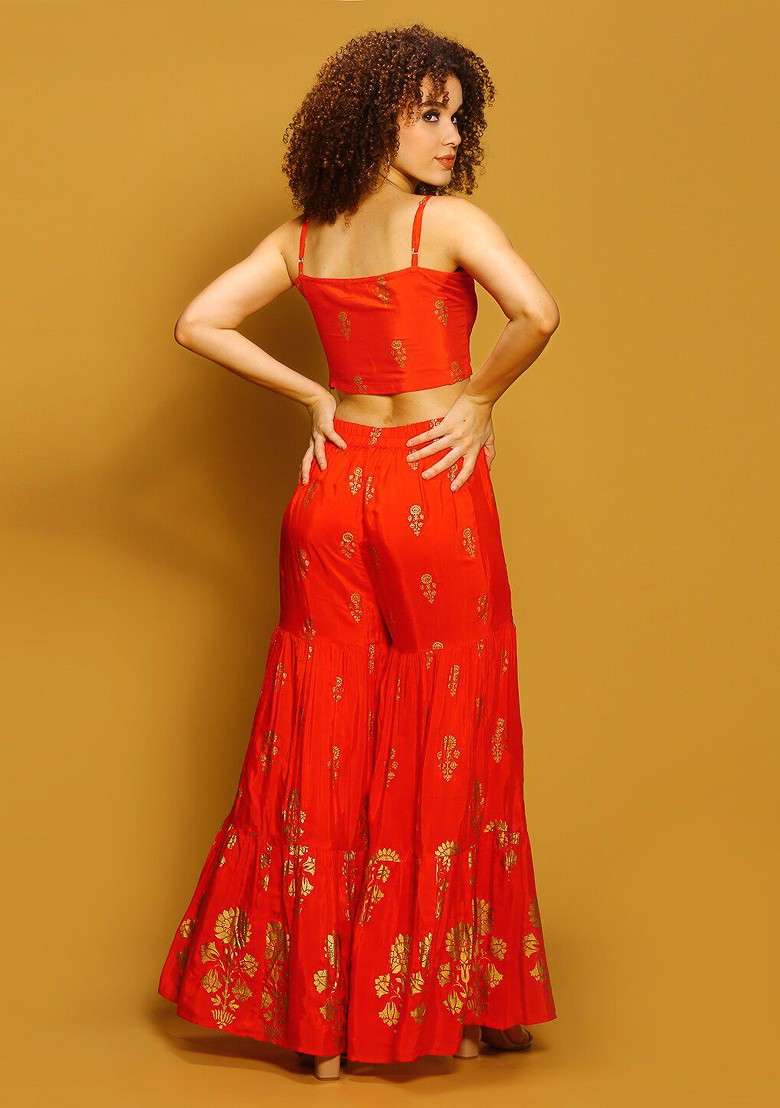 Red Printed Shoulder Straps Top And Sharara - Indya
