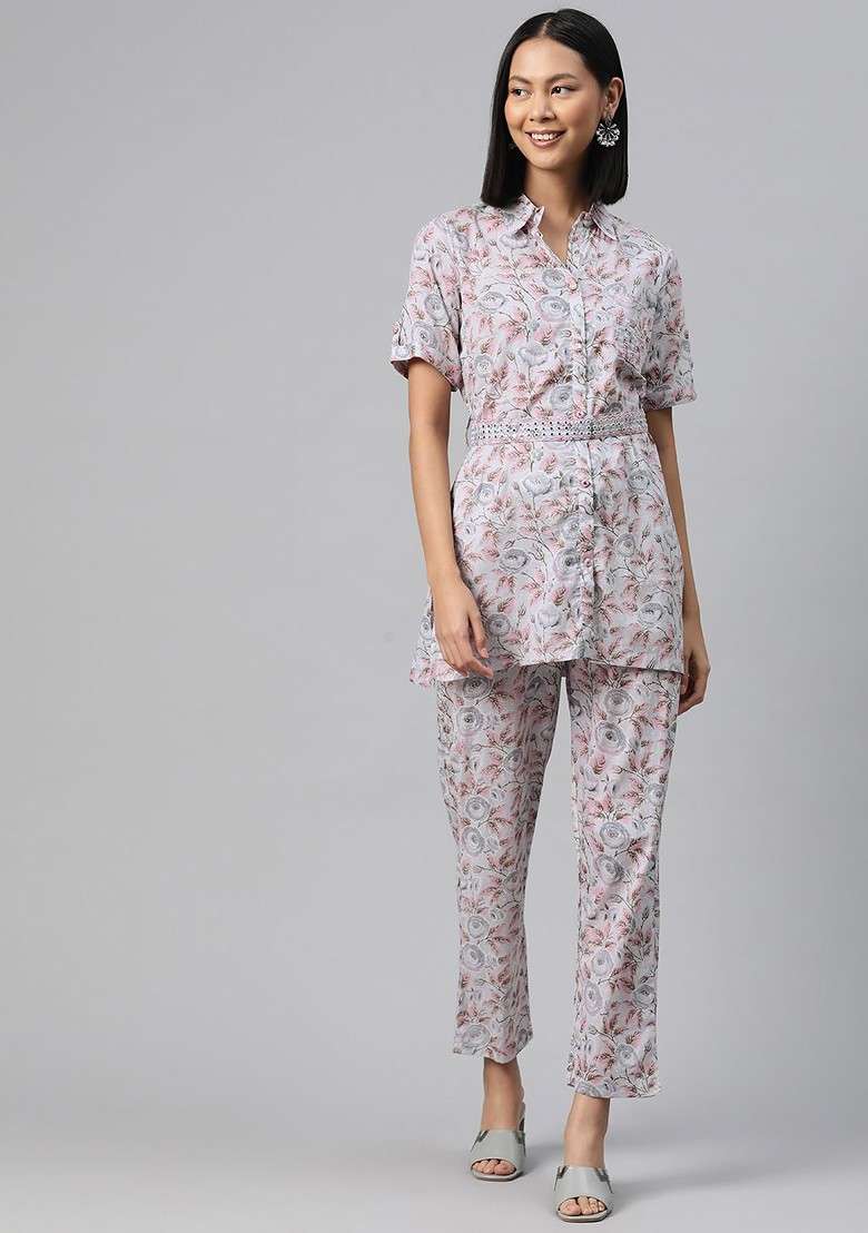 Grey Floral Printed Pure Cotton Tunic With Trousers - Indya