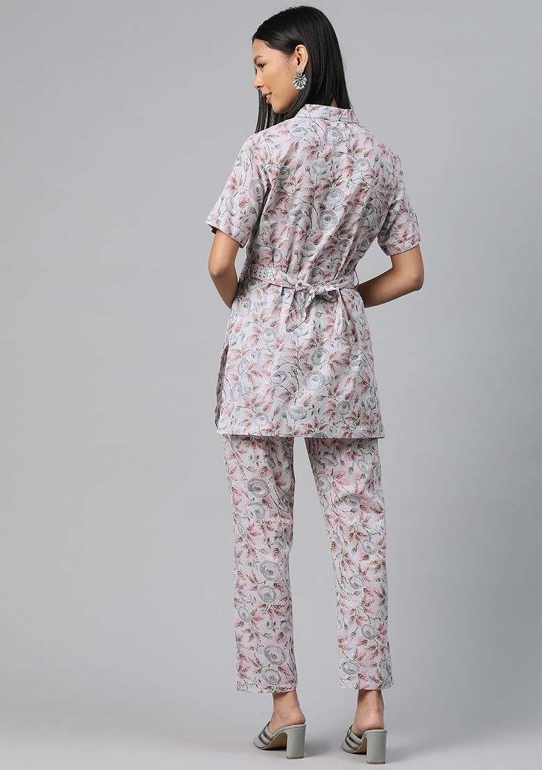 Grey Floral Printed Pure Cotton Tunic With Trousers - Indya