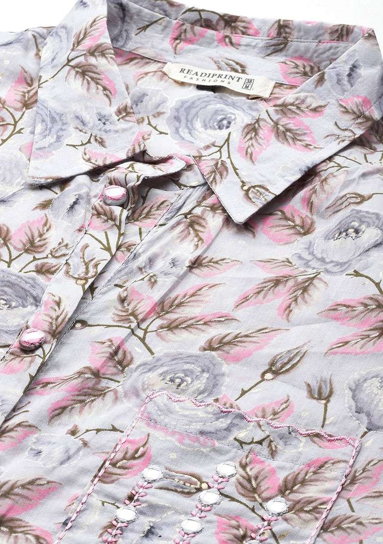 Grey Floral Printed Pure Cotton Tunic With Trousers - Indya