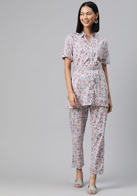 Grey Floral Printed Pure Cotton Tunic With Trousers