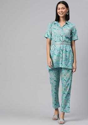 Turquoise Blue Geometric Printed Pure Cotton Tunic With Trousers