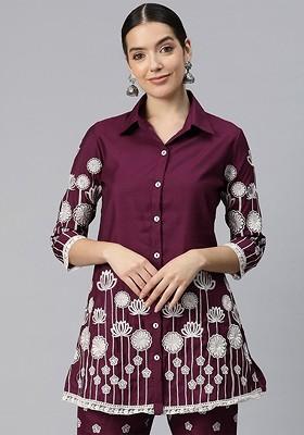 Burgundy Women Embroidered Pure Silk Coords