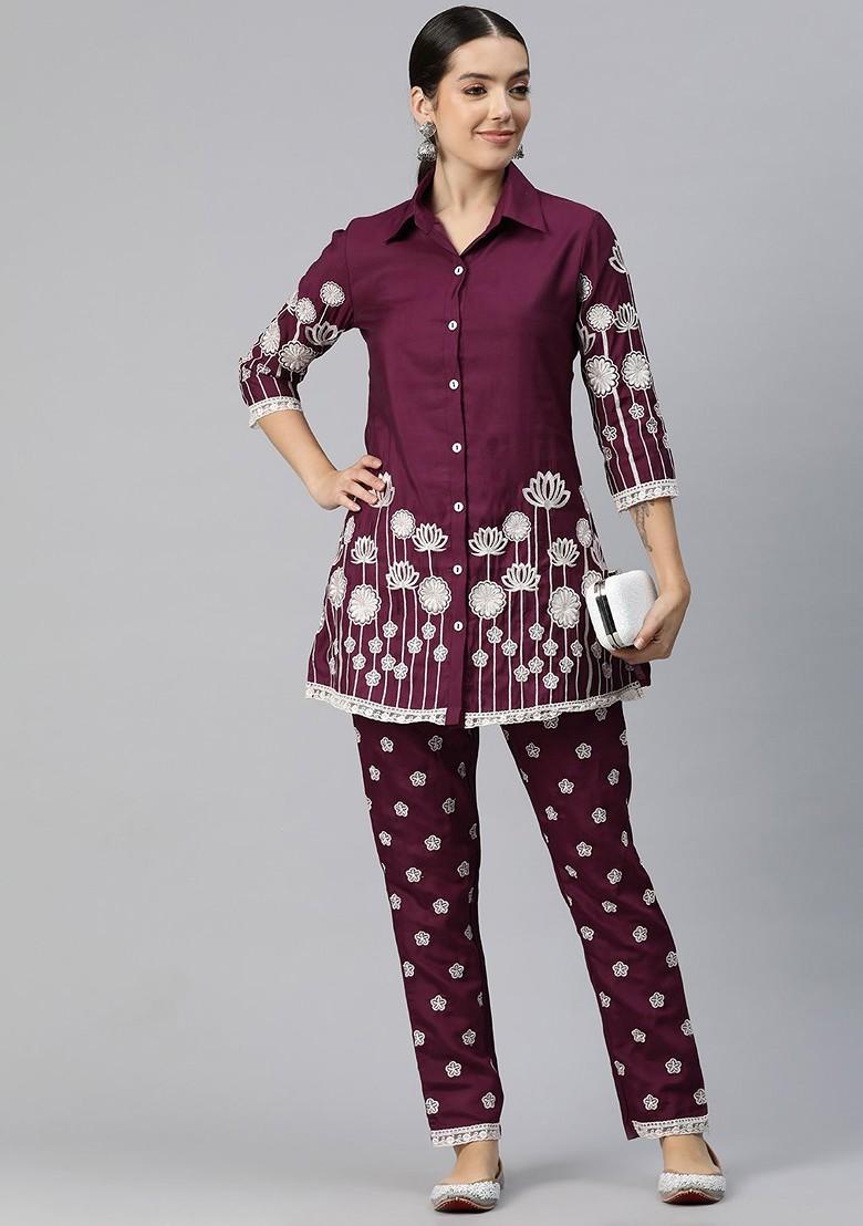Burgundy Women Embroidered Pure Silk Coords - Indya