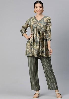 Olive Women Printed Pure Silk Coords
