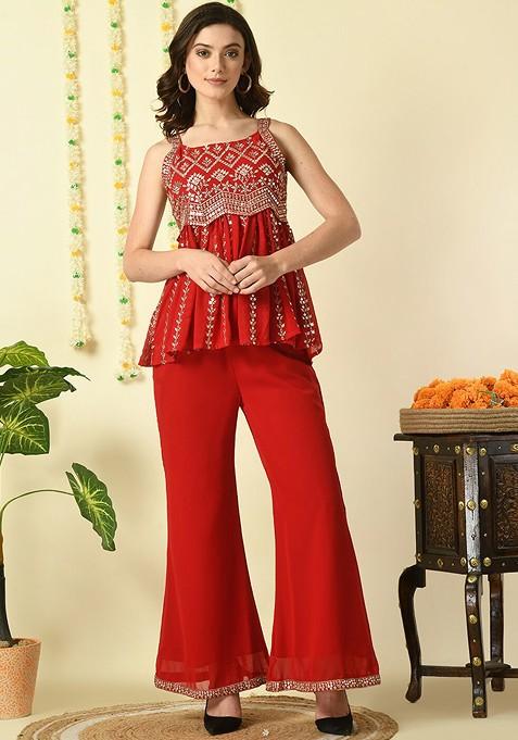 Red Ethnic Motifs Embroidered Mirror Work Aline Top With Palazzos — view on Indya