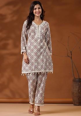 Pink Ethnic Motifs Printed Mirror Work Cotton Coord Set