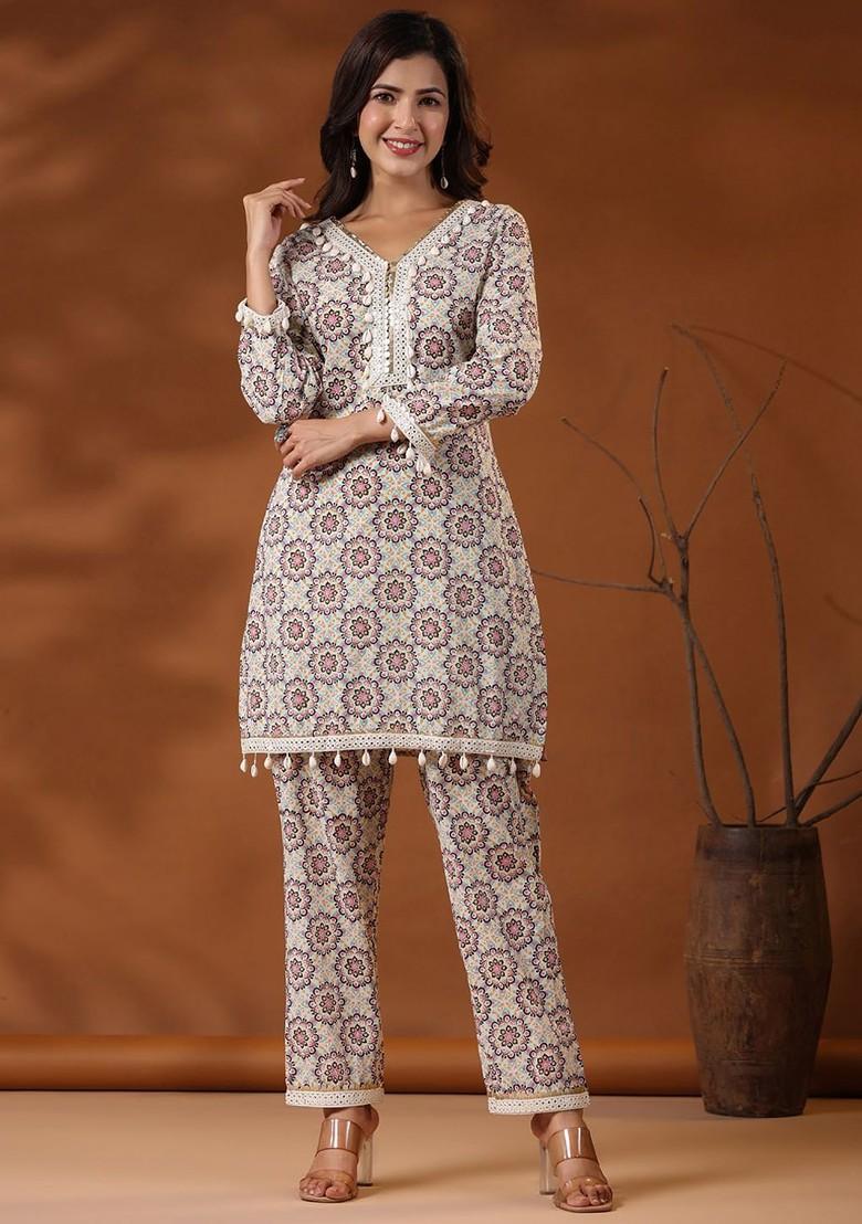 Pink Ethnic Motifs Printed Mirror Work Cotton Coord Set