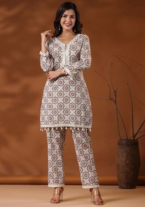 Pink Ethnic Motifs Printed Mirror Work Cotton Coord Set