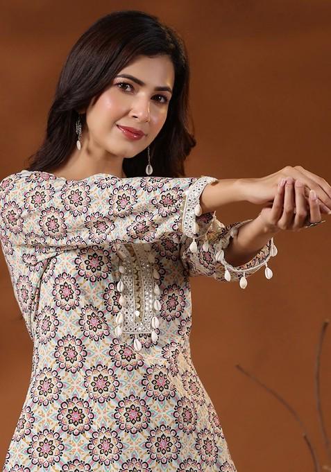 Pink Ethnic Motifs Printed Mirror Work Cotton Coord Set