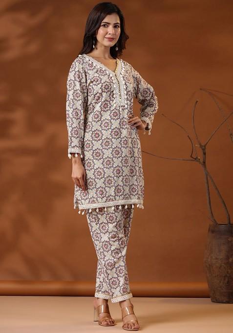 Pink Ethnic Motifs Printed Mirror Work Cotton Coord Set