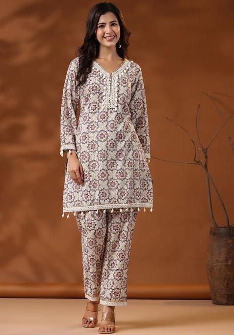 Pink Ethnic Motifs Printed Mirror Work Cotton Coord Set