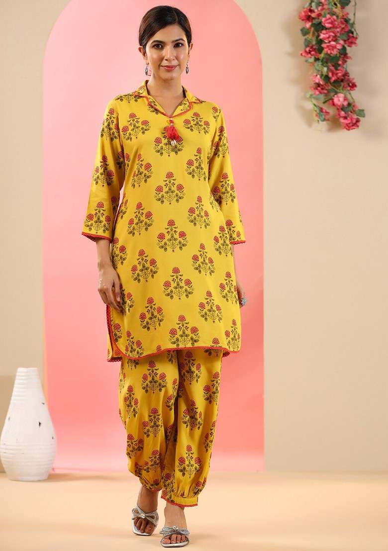 Yellow Ethnic Motifs Printed Shirt Collar Straight Coord Set - Indya