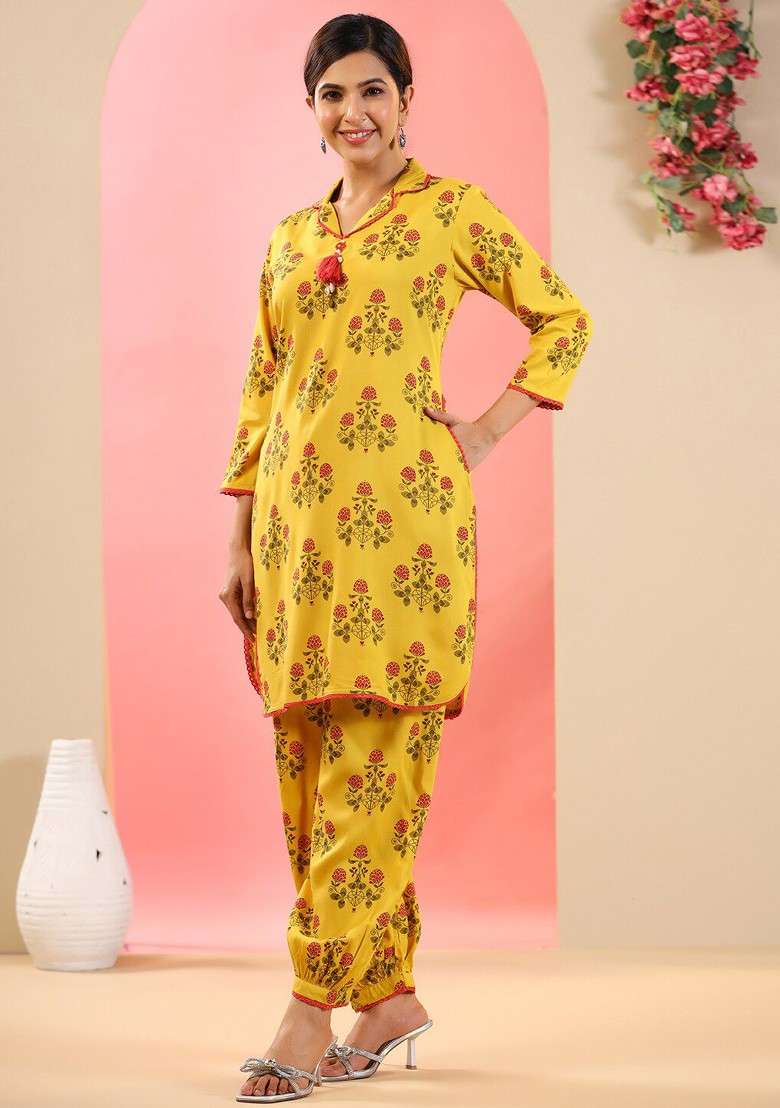 Yellow Ethnic Motifs Printed Shirt Collar Straight Coord Set - Indya