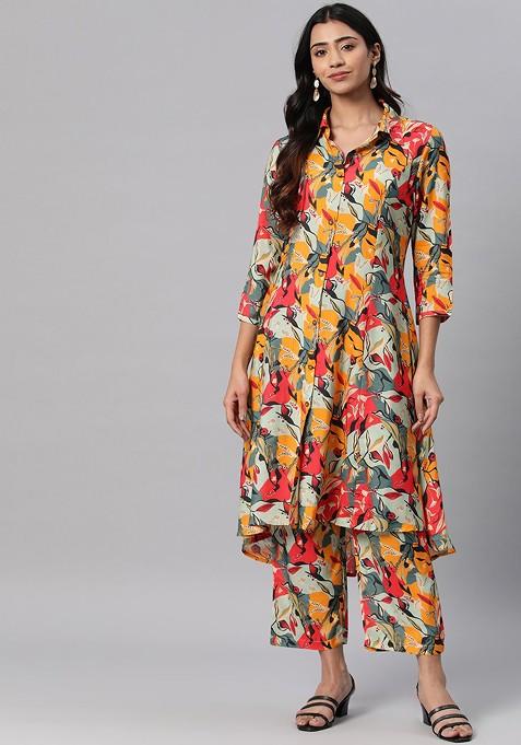 Multi Women Floral Printed Regular Pure Silk Tunic With Palazzos — view on Indya