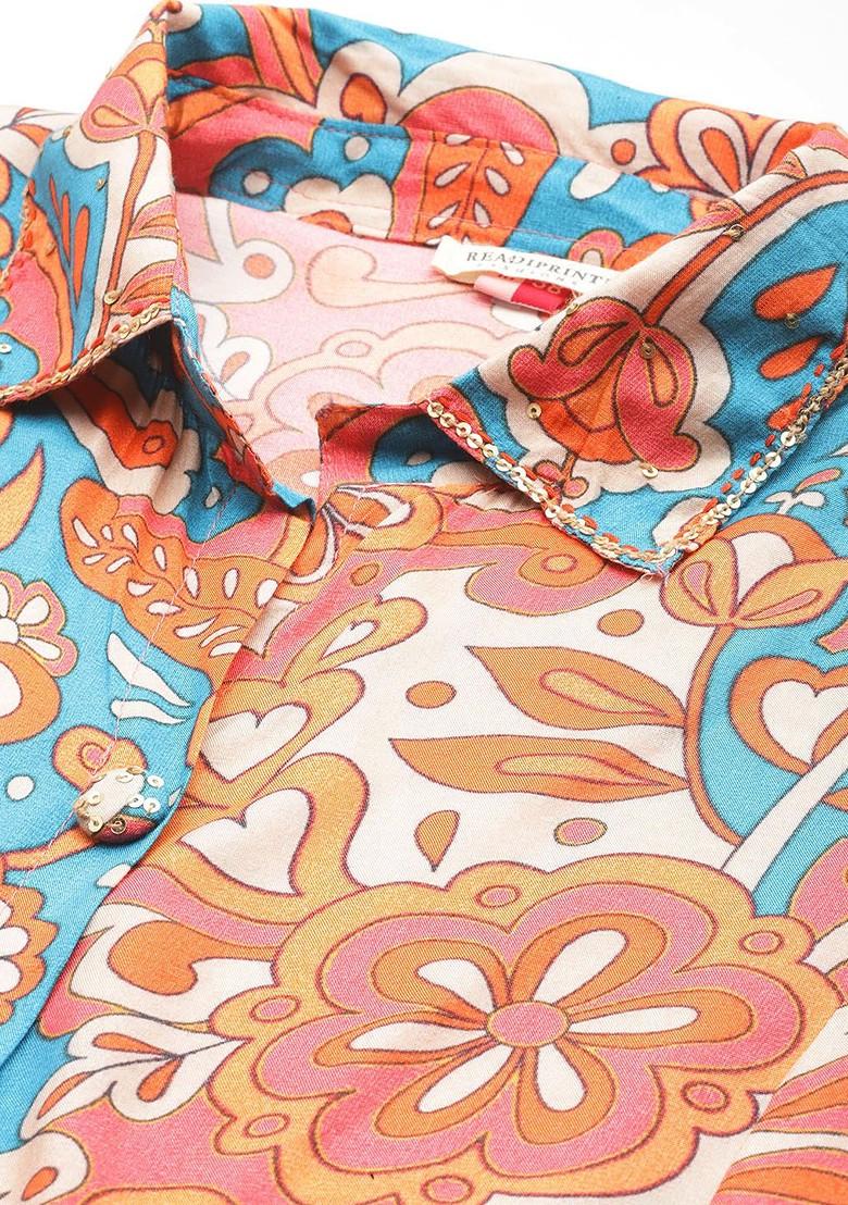 Turquoise Blue Women Ethnic Motifs Printed Pure Silk Tunic With Trousers