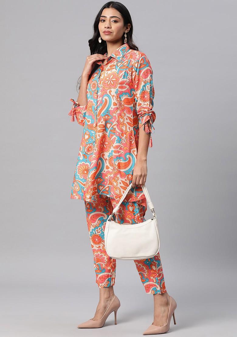 Turquoise Blue Women Ethnic Motifs Printed Pure Silk Tunic With Trousers