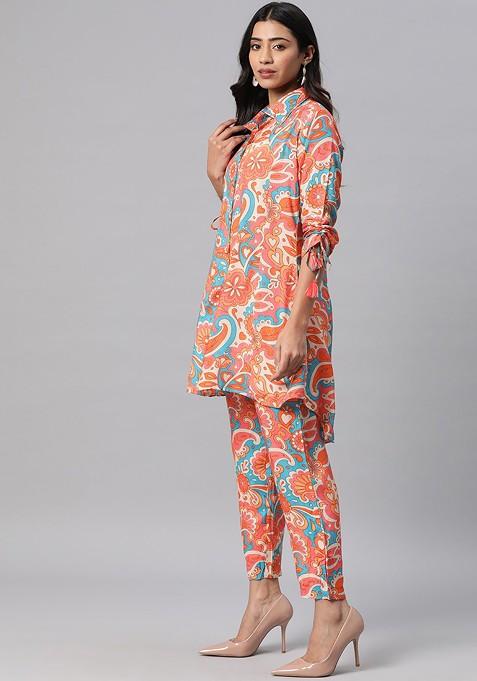 Turquoise Blue Women Ethnic Motifs Printed Pure Silk Tunic With Trousers