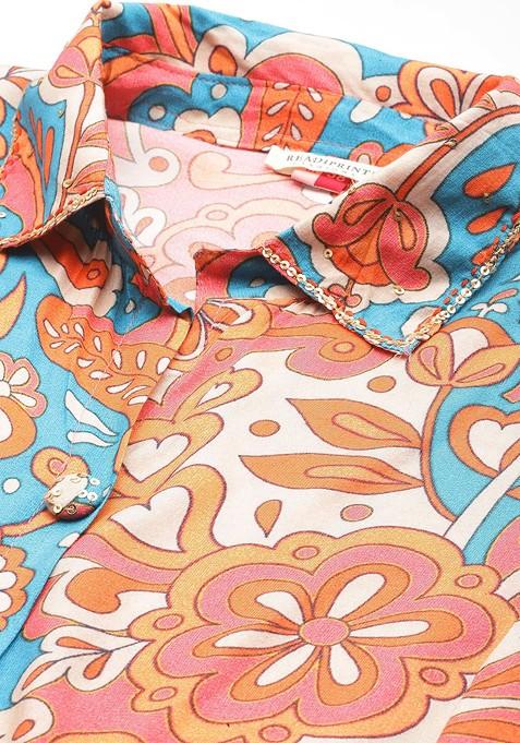 Turquoise Blue Women Ethnic Motifs Printed Pure Silk Tunic With Trousers