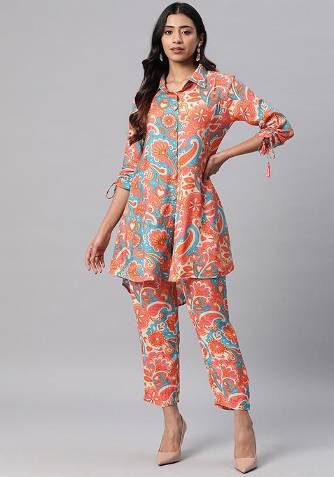 Turquoise Blue Women Ethnic Motifs Printed Pure Silk Tunic With Trousers