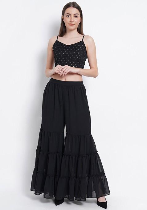 Black Ethnic Motifs Thread Work Crop Top And Sharara With Jacket