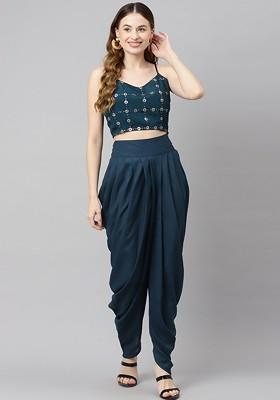 Teal Floral Embroidered Top With Dhoti Pants