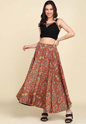 Black Crop Top With Ethnic Motifs Printed Skirt Coords