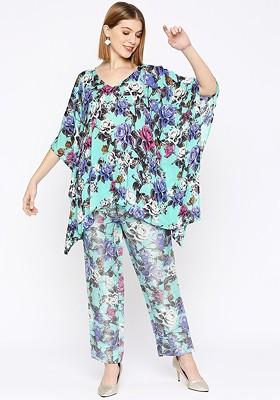 Sea Green Flared Sleeves Vneck Asymmetric Floral Printed Kaftan Kurta