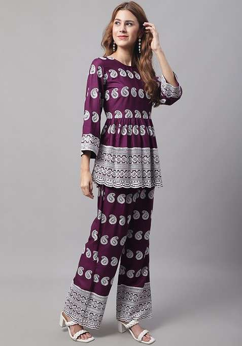 Purple Embroidered Round Neck Empire Coords