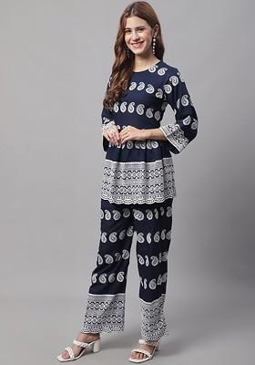 Navy Blue Embroidered Round Neck Empire Kurti With Palazzo