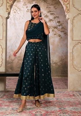 Blue Sequin Embroidery Boat Neck Crop Top With Attached Dupatta And Semi Flared Pants Set