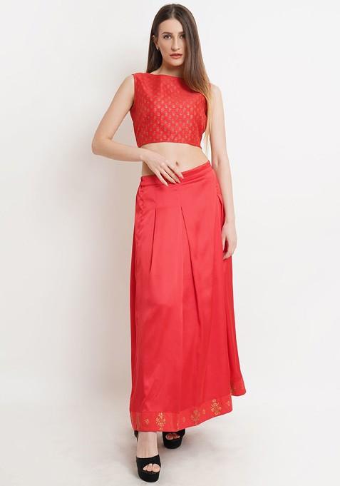 Red Women Red Printed Crop Top With Skirt Coords