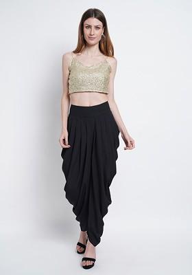 Gold Women Goldtoned And Black Sequenced Detail Crop Top With Dhoti Pants