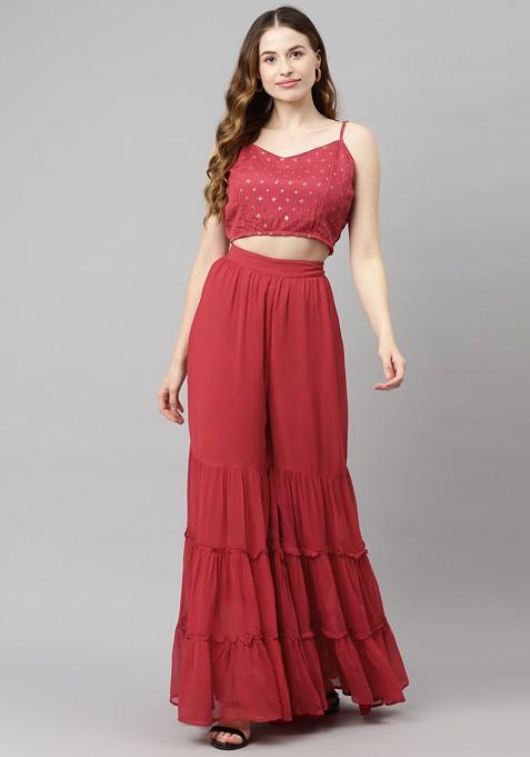 Maroon Women Maroon Sequined Crop Top With Sharara