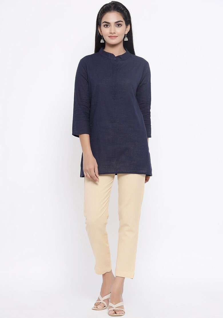 Navy Blue Women Navy Blue And Beige Top With Trousers - Indya