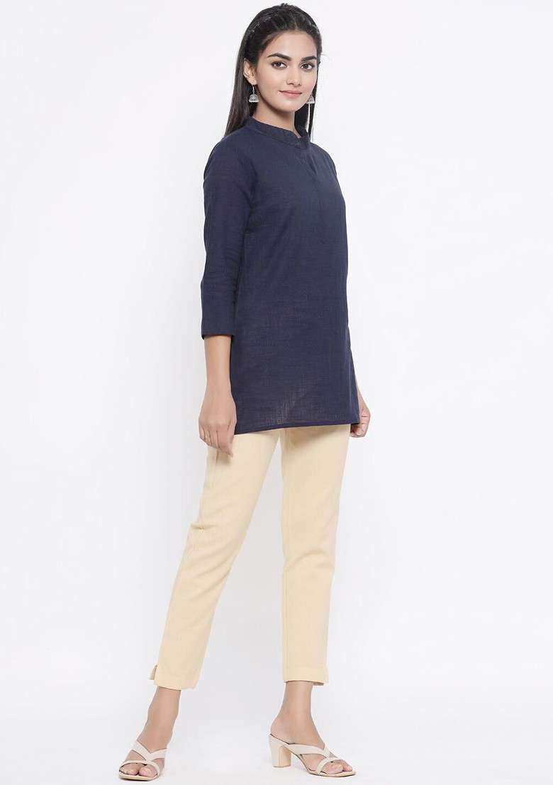 Navy Blue Women Navy Blue And Beige Top With Trousers - Indya