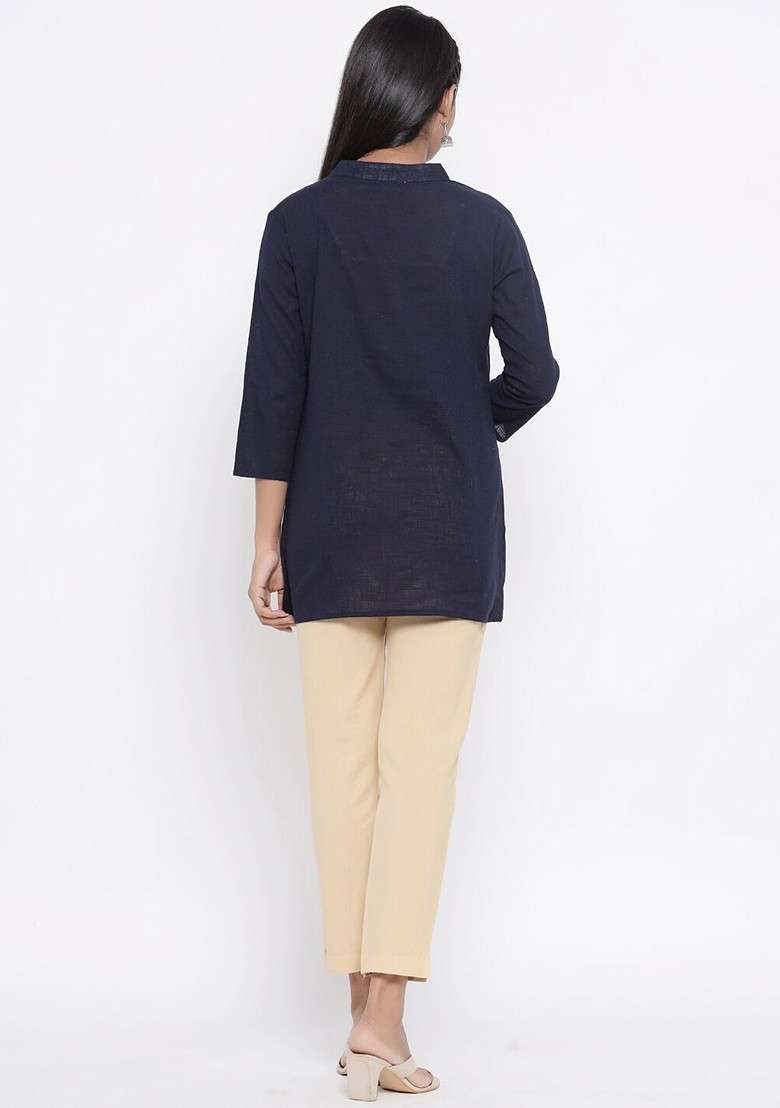 Navy Blue Women Navy Blue And Beige Top With Trousers - Indya