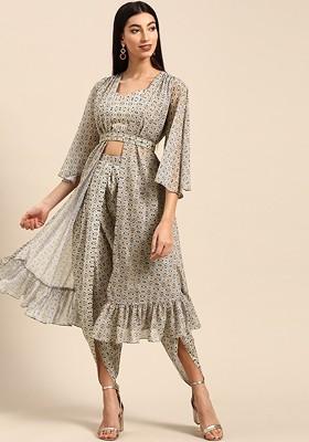 Beige Women Beige And Blue Ethnic Motifs Print Crop Top With Dhoti Pants And Jacket