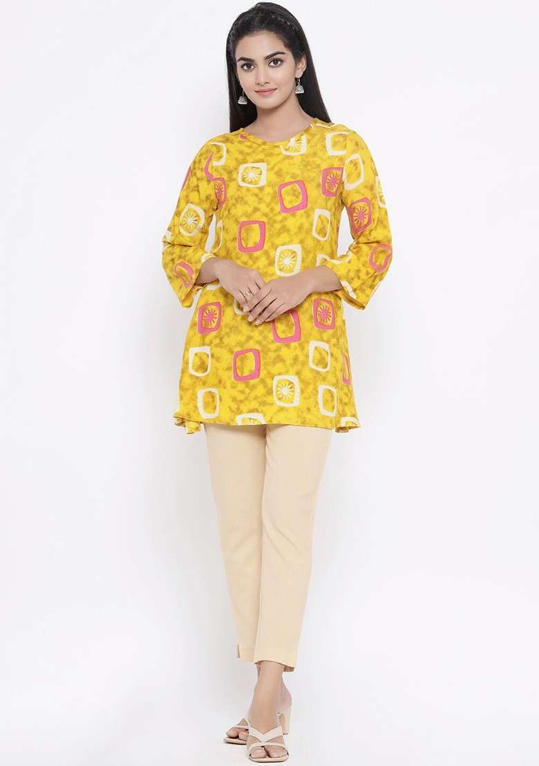 Yellow Women Yellow And Beige Printed Top With Trousers - Indya