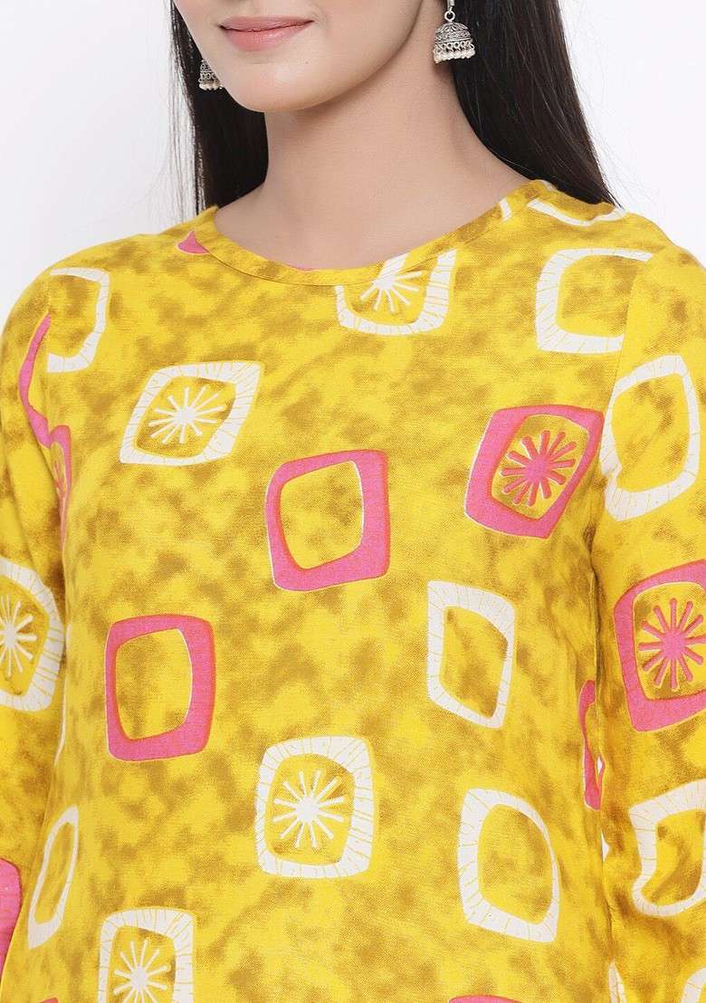 Yellow Women Yellow And Beige Printed Top With Trousers - Indya