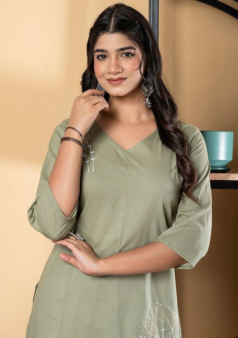 Green Embroidered Cotton Tunic With Palazzo Coords - Indya