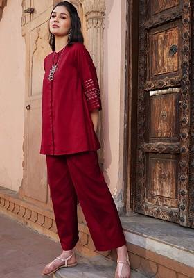 Maroon Maroon Embroidered Tunic With Palazzos