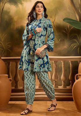 Blue Floral Printed Mandarin Collar Neck Tunic With Trousers Coords